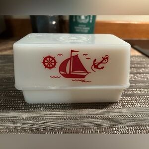 McKee Glass “Ships” pattern  White Milk Glass Refrigerator Butter Dish. Vintage